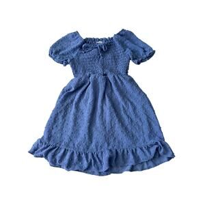 AUW Girls Blue Smocked Swiss Dot Dress Puff Sleeve Size 8